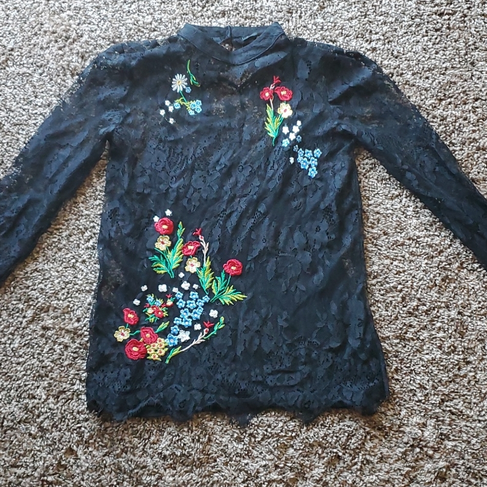 Asian inspired black lace top